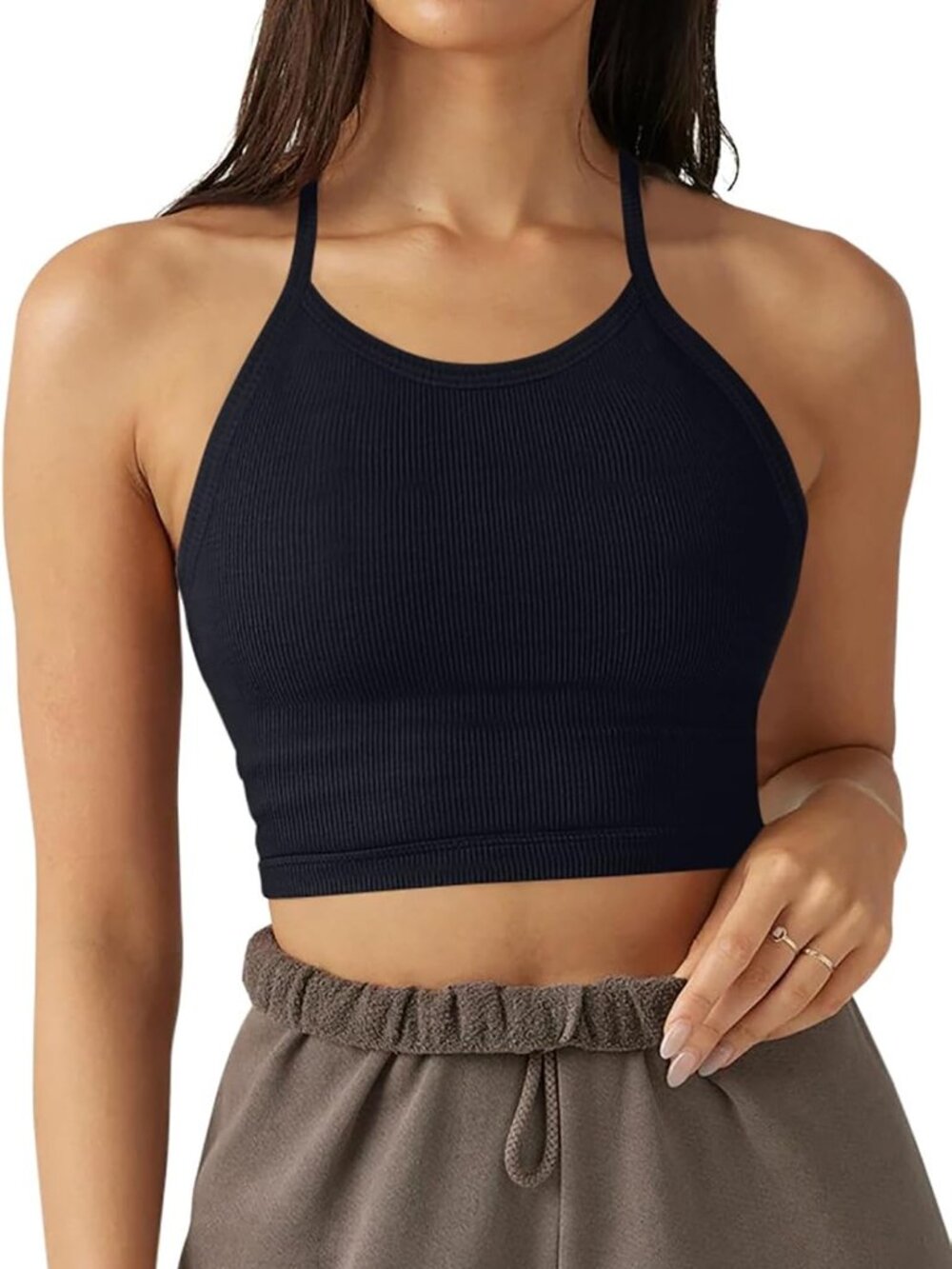 Halter Neck Ribbed Workout Top - Picture 1 of 4
